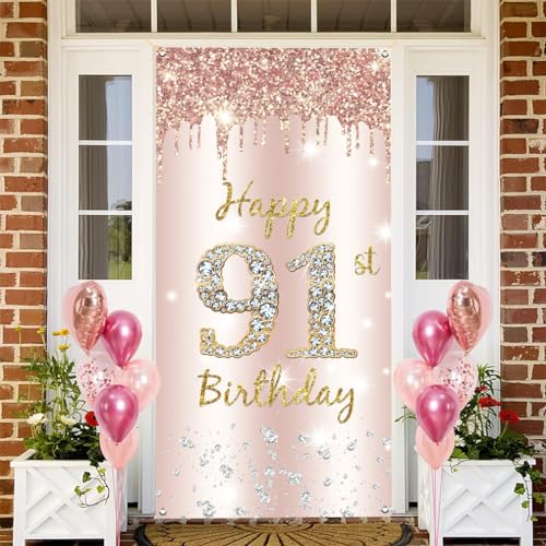 91st Verjaardag Decoratie Vrouwen, Gelukkig 91st Verjaardag Deur Banner Rose Gold,91st Verjaardag Stof Tekenposter Deur Decoratie,91e Verjaardag Achtergrond Banner Dames,Birthday Party Welkom Teken 3