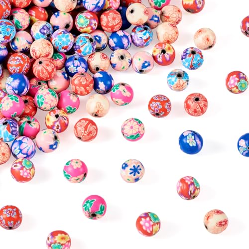 160 st. Handgemaakte Polymer klei kralen voor armbanden, 10-11mm ronde kralen met bloem patroon Diverse kralen voor sieraden maken vriendschap armband Kit DIY