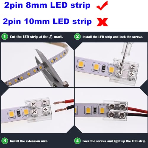 Pak van 10 LED Strip Connectors, 2-pins, 8 mm Transparant, met 16,4 ft 22 AWG Kabel, Schroef Terminal Blok, 2-Pole, 8 mm Connector met Schroevendraaier voor Plain 12 V en 24 V LED Strips 4