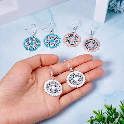 3 Kleuren Boheemse bloem Enamel Oorbellen Classic Retro Floral Dangle oorbellen Flat Ronde Vintage Kleurrijke Charms voor vrouwen Verjaardagsfeest Cadeau, Legering Staal, Legering Staal 4