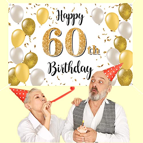 60e verjaardag Decoratie voor mannen/vrouwen, 60e Verjaardagsstof Tekenposter, 60th Anniversary Party Achtergrond Banner, Verjaardag Decoratie Wit en Goud, 1.5m 5