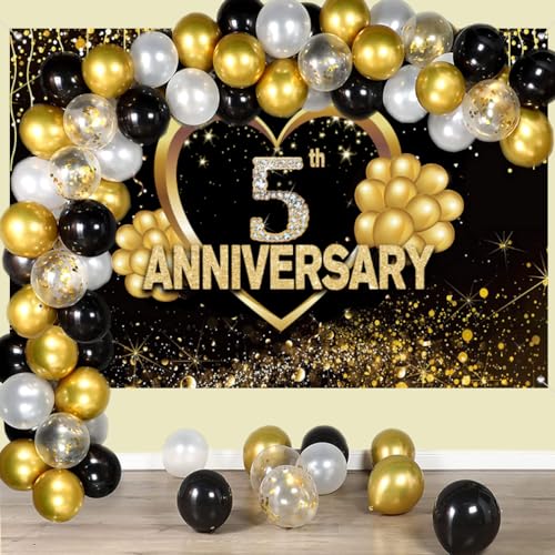 Gelukkige 5e verjaardag achtergrond decoraties, gelukkig voor 5 jaar verjaardag Banner, 5e bruiloft Party Poster Accessoires Stof Tekenposter, Black Gold Anniversary Cookies Foto Achtergrond 3