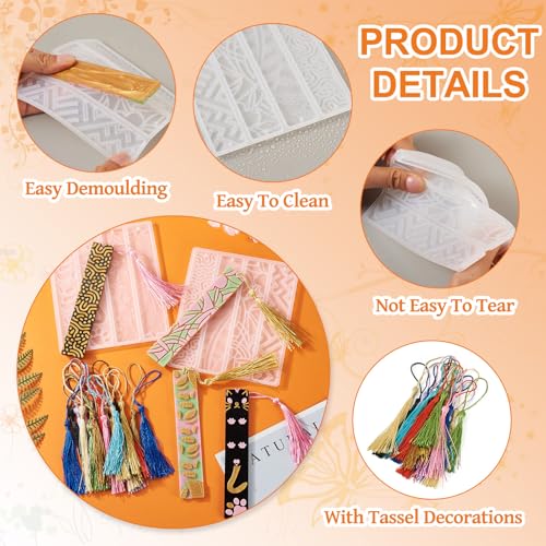 2Stuks Paw Afdrukken Bladwijzer Siliconen mallen Rechthoek 3D Het maken van bladwijzers UV-hars mallen met 20 stuks Tassels voor ambachten, sieraden het maken van decoratie 4