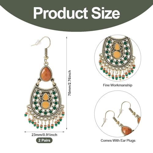 2 paar Vintage Dangle oorbellen Glazen Zaad kralen Teardrop Hook oorbellen Boheemse stijl Tibetaanse grote oorbellen Retro oorbellen voor vrouwen meisjes, glas, glas 3