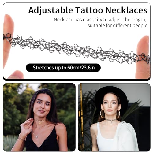 Set van 8 Elastische Kettingen met 4 Elastische Kraag Tattoos, Ketting, 2 Armbanden en 2 Ringen, Vrouwen sieraden, Rubber Craze, Accessoires, Vintage Accessoires