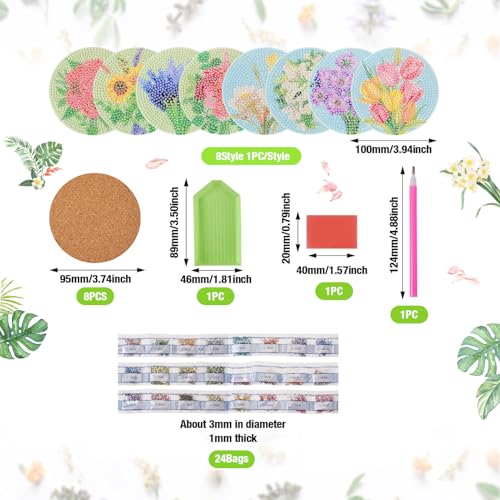 8Pcs Diamond Painting Coaster Bloemenpatroon 5D Diamond Art Coaster Cup Mat Kits met gereedschap voor DIY Cup Drinkt Coakers Bureau Decoraties 4