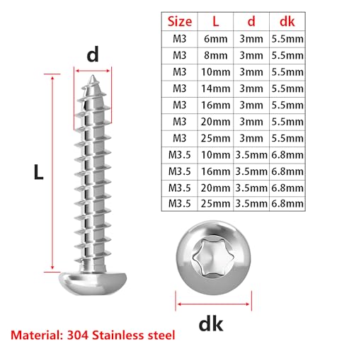 100 st M3 x 25mm zelftappende schroef, Torx platte kopschroeven, roestvrij staal ronde kop, selfboring schroeven