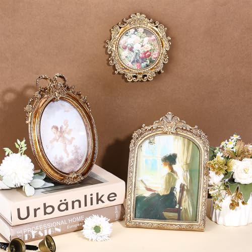 3Stuks 3 Styles Vintage Hars Frames, Gold Ornate Antieke Foto Frames Mini Frames voor Tafelblad Display Muur Hangende Home Decor, 6.3x6/10x6.8/9.4x6.5.160x156mm/253x173mm/240x165mm 4