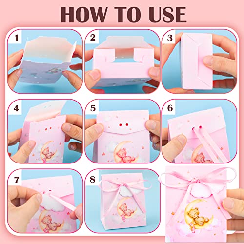 Verpakking van 50 8 x 4 x 10 cm roze schattige beer papieren dozen met geschenk tags en linten, snoep dozen voor doop, bruiloft, verjaardag, baby douche etc 3