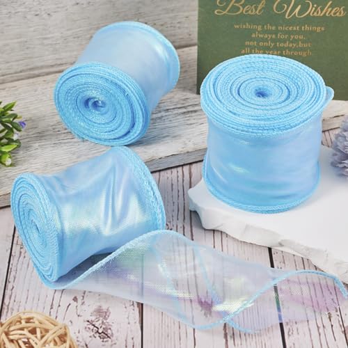 3 Rolls Polyester Iridescent Ribbon 60mm Sparkling Sheer Chiffon Ribbon Glittering Organza Ribbon voor Bouquet Wrap Bows Krans Decoratie DIY Crafts, Sky Blue 5
