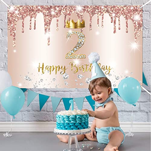 2e verjaardag meisje decoratie, tweede verjaardag Banner Rose Gold, gelukkig 2 verjaardag stof sign poster, 2e verjaardag achtergrond Banner meisje verjaardag partij decoratie met kroon element 4
