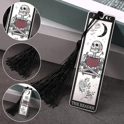 Gothic Skeleton Tarot metalen bladwijzer, schedel bladwijzer met tassels voor vrouwen en mannen Grappig boek accessoire voor Kerst Halloween verjaardagsgeschenken (zwart) 4