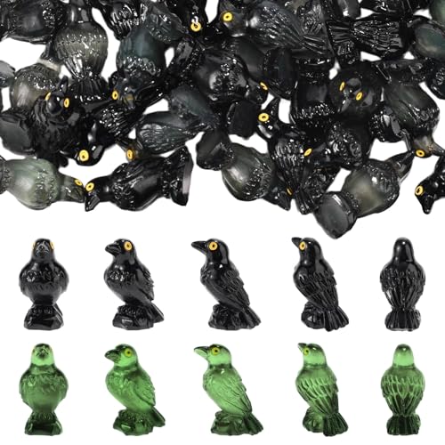 100 st. Mini Resin Crow Figuren, Glow in the Dark Halloween Figuren Black Raven Figurines Small Resin Animal voor binnen Halloween Scene Decoratie
