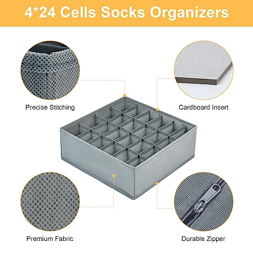 4 stuks sokken en ondergoed opslagdozen, 24 cel opvouwbare dozen (Opvouwbare doos, lade dividers, lade Organizer, stof dozen voor het opslaan van sokken (Hemp)