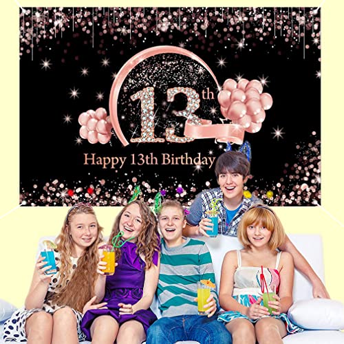 13th Birthday Girl Decoration, 13th Birthday Banner Black and Rose Gold, Stof Teken 13th Birthday Poster 13th Birthday Achtergrond Banner Verjaardag Decoratie 4