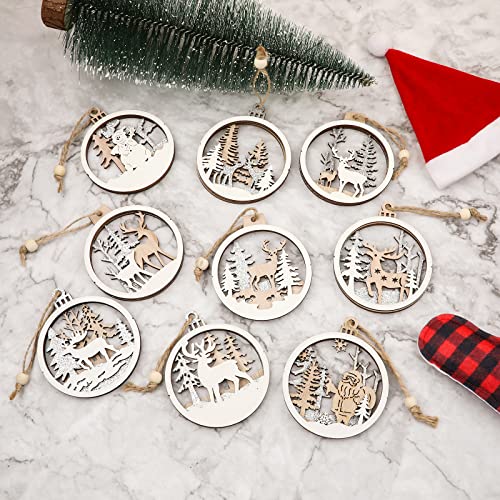9 stuks Hangende houten kerstboom ornamenten, Ronde kerstversieringen met Elk Santa Claus Snowman Hollow Decor Farm Decoraties voor kerstboom Wintervakantie 3