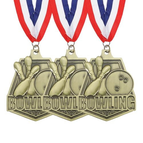 Bowling Games Embossing Gold Award Medailles met rood wit en blauw lint, 3 stuks Winnaar Medailles Gold Silver Bronze Awards voor de competitie Sport Party, Gold