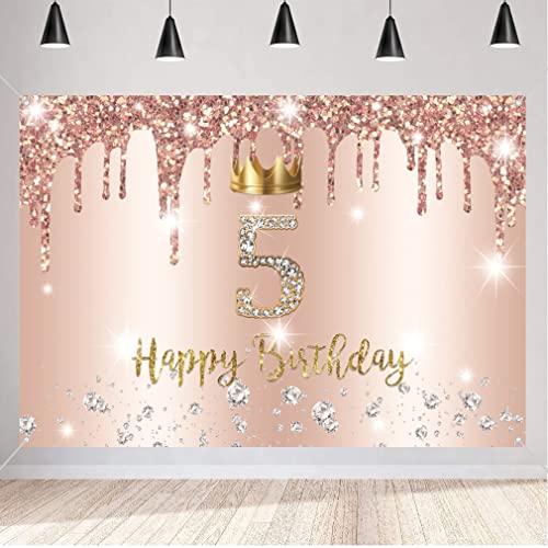 5e verjaardag decoratie meisje vijfde verjaardag Banner Rose Gold, gelukkig 5 verjaardag stof sign poster, 5e verjaardag achtergrond Banner meisje verjaardag partij decoratie