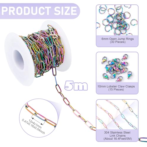 5M Rainbow Kleur Roestvrij stalen Paperclip Kettingen 12x4x1mm Metalen Oval Link Kabel Ketting met Jump Rings Klauw sluiting voor DIY armband ketting sieraden maken 5
