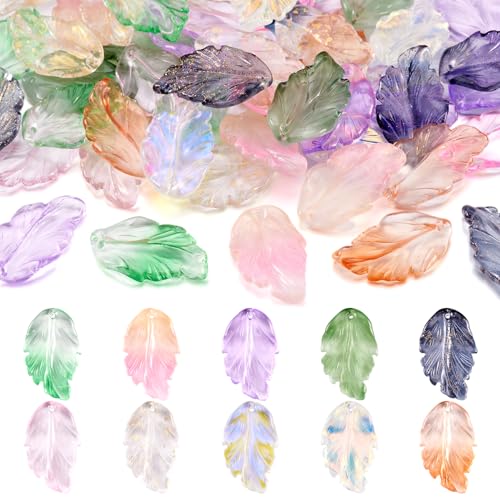 100Stuks Veerglas Bedels Blad met Glitter Poeder glanzend Plume Hangers Crystal Foliage Bedels voor DIY ketting oorbellen sieraden maken