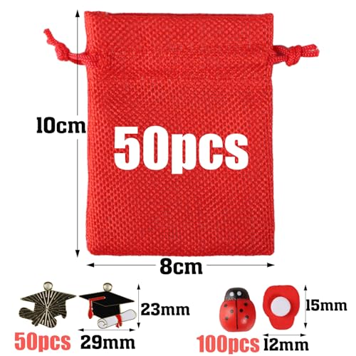 50 stuks Gastengeschenken voor afstuderen, Treats, Afstudeerfeest, Touch, 100 stuks, Ladybug, Red Jute Bags, Candies, Rood, Decoratie, Afstuderen, Gastengeschenken