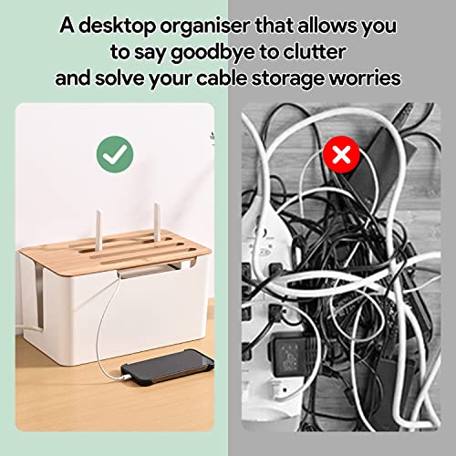 Kabelbeheer Box met houten deksel en plateau, 31 x 18 x 16,5 cm, Witte Plastic Kabel Box, Grote Bureau Kabelkast voor Verbergen TV, Computer, Router, Kabel Sockets 4