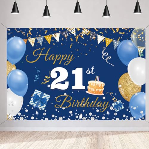 Verjaardagsdecoratie voor jongens en meisjes, 21e verjaardagsbanner blauw, 21e verjaardagsstof sign poster, 21e verjaardagsachtergrond Banner mannen vrouwen verjaardagsfeest decoratie