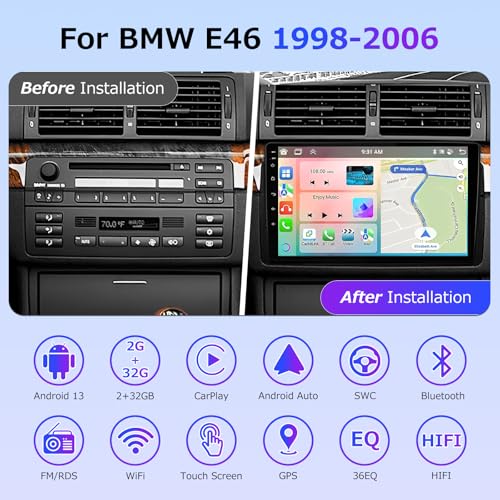 2G + 32G Android 13 autoradio voor Mercedes Benz 98-06 E46 met Carplay Android Car 9 inch scherm met Bluetooth spiegel Link WiFi GPS SWC FM/RDS radio achteraanzicht camera microfoon