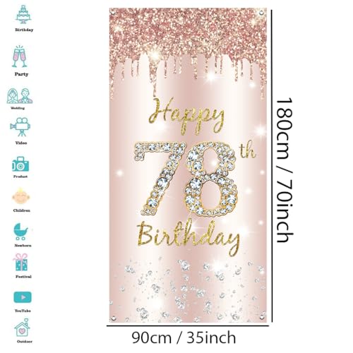 78e verjaardag decoratie vrouwen, gelukkig 78e verjaardag deur Banner Rose Gold,78e Verjaardag Stof Tekenposter Deur Decoratie,78e verjaardag achtergrond Banner Dames,Voerdag Partij Welkom Teken