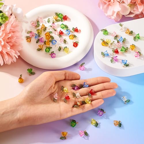 100 st Bloem Acryl Bedels Bloemen Blad Hangers Trompet Bell Flower Bangle Bedels met Bicone Glazen kralen voor DIY Ketting Oorbellen sieraden maken, Acryl 5