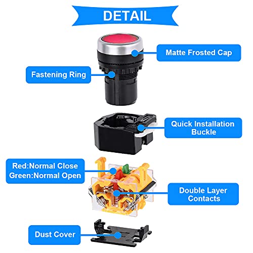 6Pcs 440V 22mm Momentaire drukknopschakelaar 10A 5 kleur (rood/Bule/groen/wit/geel/zwart) LA38-11 1NO 1NC Switch voor doe-het-zelf met 24 stuks vorkterminal 3