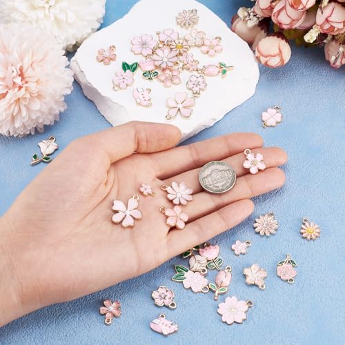 19 Styles Flower Shape Emaill hangers Tulip Sakura Flower Charms Roze Cute Petal Dangle Zoek voor DIY handgemaakte oorbellen ketting armband sieraden maken, Legering staal, Legering staal 5