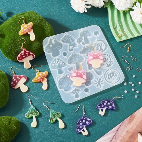 Paddestoel Hangers Siliconen mallen Plant Hars mallen met oorbellen haken Jump Rings oornoten voor het gieten van UV Epoxy Hars sieraden maken sleutelhanger ambacht