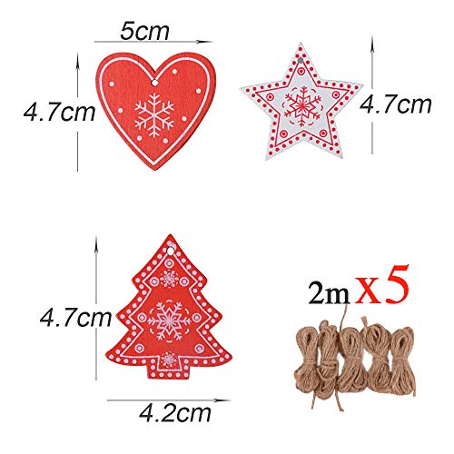 SERWOO Set van 48 Houten Kerstversieringen met Hole Kerstboom + 2 Opbergdozen + 5 Touwen Ornament Kerstaccessoires Kerstversiering Boomboom (12 Modellen) 3