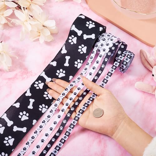 5 Rolls Paw Afdrukken Grosgrain Lint Zwart/Wit Bone Patronen Lints 10mm Animal Thema Honden Paw Afdrukken Polyester Lints voor kleding DIY het maken van decor Bow 5