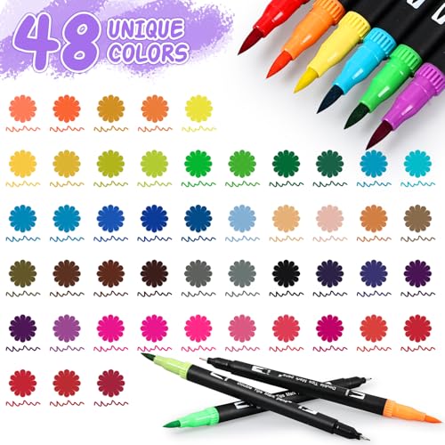 Penseel Pen Lettering 48 Kleuren Vilt Tip Pennen Dubbel Tip 0.4mm en 1-2mm Penseel Tip, Aquarel Pennen voor Volwassenen Bullet Journal, Kleurplaten, Mandala, Tekening op school
