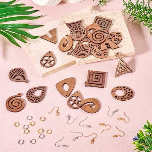 22 st. Natuurlijke houten bedeltjes Teardrop Oval Rhombus Dangle Charms Bruin Houten Hangers met Jump Rings Oorbellen Hooks voor Craft Ketting sieraden armband DIY, Hout, geen edelsteen 4