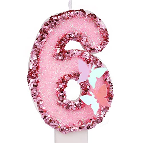 7,5cm Verjaardagsnummer Kaars, Glitter Roze Aantal Kaarsen Cake Topper Vlinder Verjaardag Kaarsen met pailletten voor verjaardag Feestartikelen (Nummer 6)