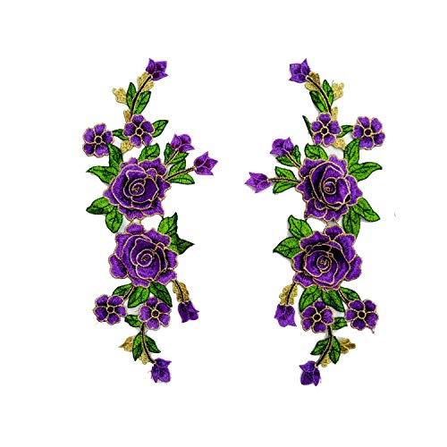 2 st Borduurwerk Kleding Stickers Rose Flowers Multi-Color Floral Stage kostuum jurk Kleding Accessoires Borduren Patches Handsewn Corsage-Purple
