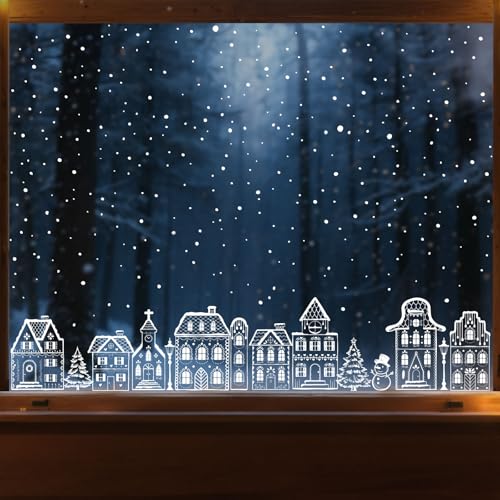 Venster foto's Kerstmis zelfklevend - 8 vellen PVC raam stickers met huizen en sneeuw motieven, Kerstmis decoratie venster - venster decoratie voor de winter, Kerstmis, Nieuwjaar etc