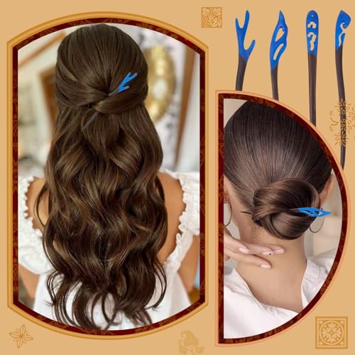 4Stuks Houten haar Sticks Klassiek haar Chopstick Haar Accessoires Chinese stijlen Haarspeld Sticks Hout en Hars Gerolde Haarhulpmiddelen voor vrouwen meisjes kapsels, Blu