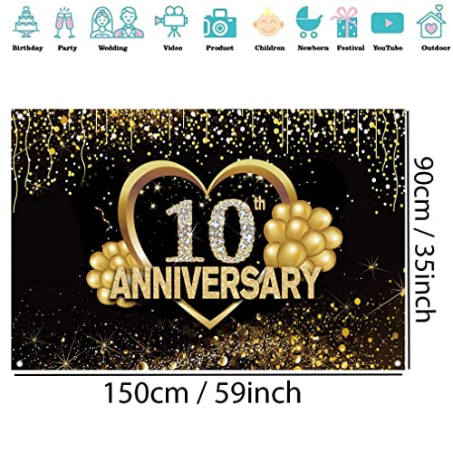 Happy 10th Anniversary Decoration Banner, 10th Bruiloft Anniversary Party Supplies Fabric Sign Poster, zwart en goud achtergrond Decor Photo Achtergrond Welkom Sign, 150cmx90cm