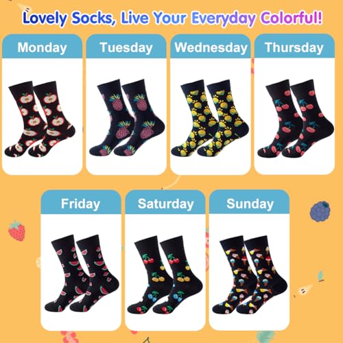 Grappige sokken voor vrouwen, 7 paar novelty fruit patroon, Wekelijkse sokken, Comfortabele katoenen sokken voor vrouwen, Maat 6-7.5, Multiverpakking, Multicolor., One Size, Meerkleurig