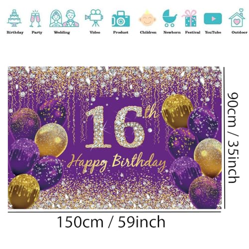 16e verjaardag decoratie voor meisjes, paarse glitter vlekken stof teken poster verjaardag feest decoratie, 16e verjaardag achtergrond Banner meisjes, 16 verjaardag feest decoratie