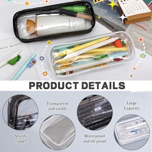 3 stuks Duidelijke Pencil Case Large Pen Bag, Transparante Cosmetic Make-up Tassen, PVC Pencil Case Stationery Pouch, Leuke hart Daisy Zonnebloem patroon zakken, voor vrouwen en meisjes, 2 stuks zwart + wit 3