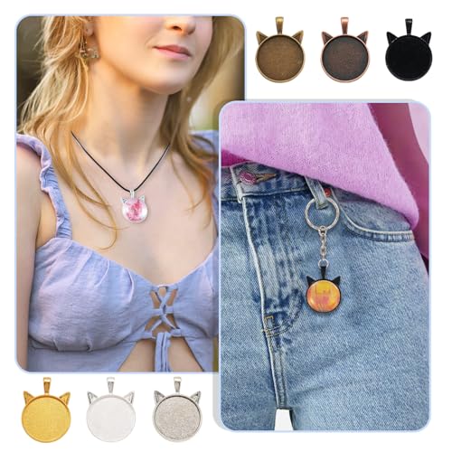 24 Set Kitten Hanger Maken Kit 25 mm Kat Cabochon Instellingen Dier Legering Hanger Trays Transparant Glas Cabochons voor Scrapbooking Sieraden Kunst Maken Telefoon Case Accessoires Craft 3