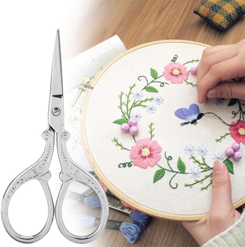 Borduurwerk Schaarset, Naaischaar Scherppunt Roestvrij staal Vintage European DIY Tools Naadstress Schaar voor stof Borduren Naaldwerk(Zilver) 5