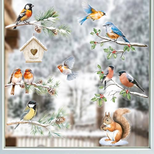 6 Vellen Double Sided Kerstram Stickers voor glas Robin Bird Window Clings Stickers voor Kerstmis Winter Seizoensgebonden Window Decoratie