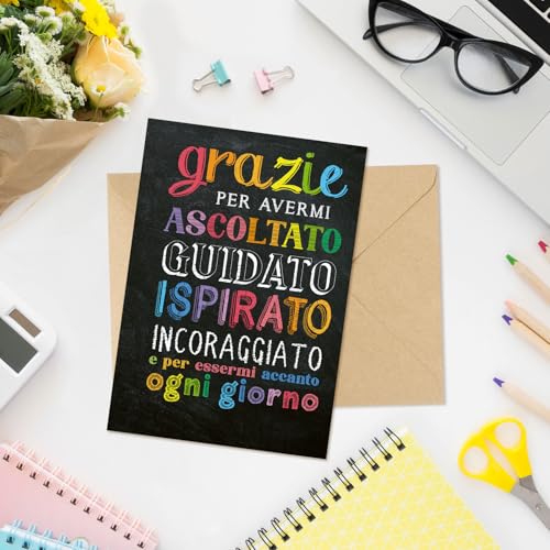 Cadeaus voor leraar, grazie per avermi Ascoltato, afscheidskaart met envelop, wenskaart van Italiaans 4