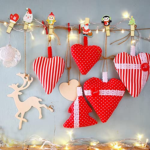 60 stuks Houten kerstclips, Decoratieve kerstclips met 6 stukken Jute Cords, Mini Clips, Kerstversiering voor fotolijst, Cadeau, Bags, Gastencadeaus 5